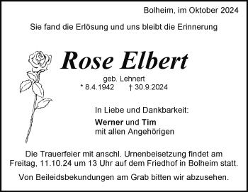 Traueranzeige von Rose Elbert von Heidenheimer Zeitung