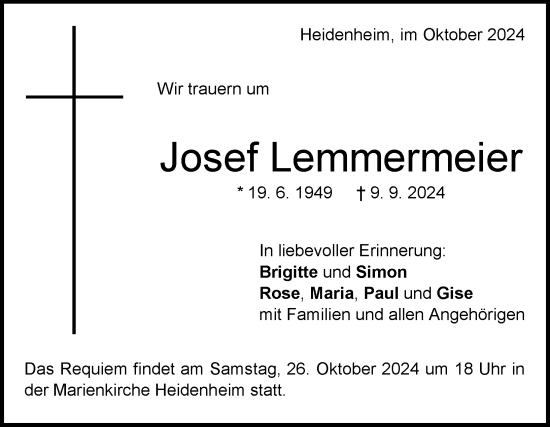 Traueranzeige von Josef Lemmermeier von Heidenheimer Zeitung