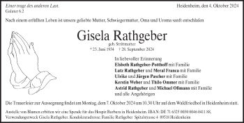 Traueranzeige von Gisela Rathgeber von Heidenheimer Zeitung