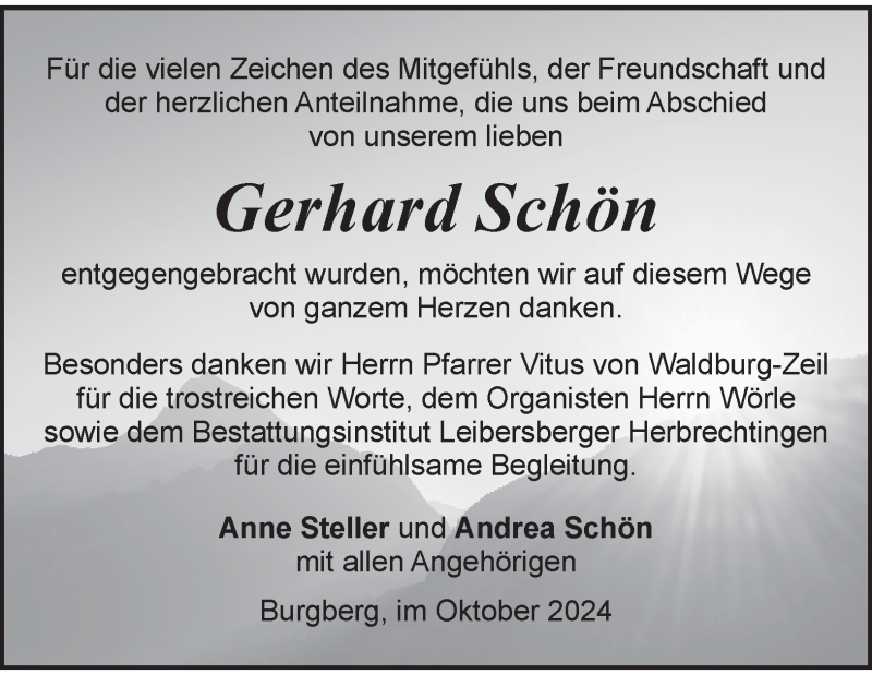  Traueranzeige für Gerhard Schön vom 30.10.2024 aus Heidenheimer Zeitung