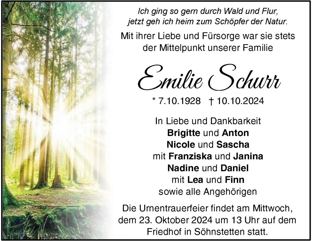  Traueranzeige für Emilie Schurr vom 19.10.2024 aus Heidenheimer Zeitung