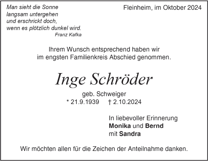 Traueranzeige für Inge Schröder vom 17.10.2024 aus Heidenheimer Zeitung