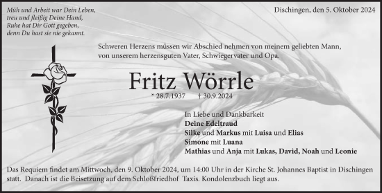 Traueranzeige von Fritz Wörrle von Heidenheimer Zeitung
