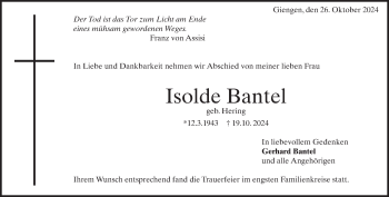 Traueranzeige von Isolde Bantel von Heidenheimer Zeitung