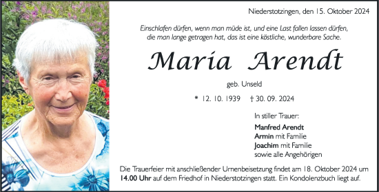 Traueranzeige von Maria Arendt von Heidenheimer Zeitung