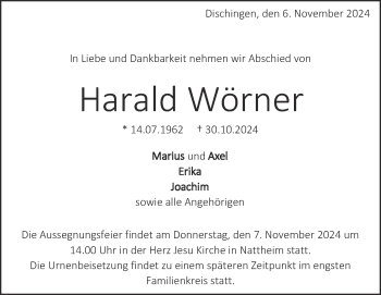 Traueranzeige von Harald Wörner von Heidenheimer Zeitung