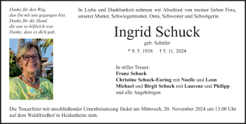 Traueranzeige von Ingrid Schuck von Heidenheimer Zeitung