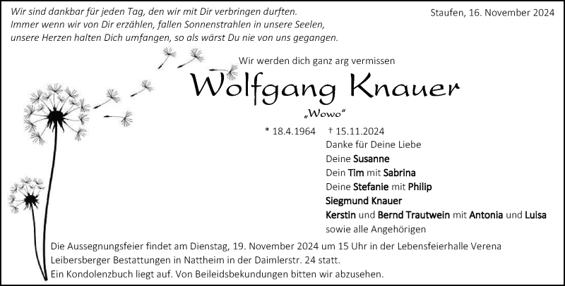  Traueranzeige für Wolfgang Knauer vom 16.11.2024 aus Heidenheimer Zeitung