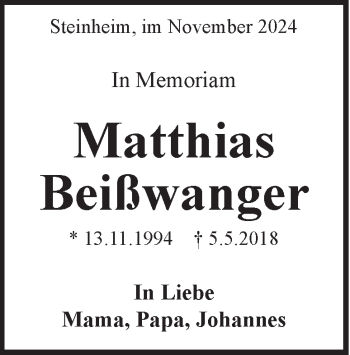 Traueranzeige von Matthias Beißwanger von Heidenheimer Zeitung
