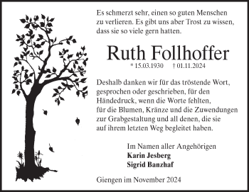 Traueranzeige von Ruth Follhoffer von Heidenheimer Zeitung