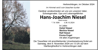 Traueranzeige von Hans-Joachim Niesel von Heidenheimer Zeitung