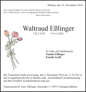 Traueranzeige von Waltraud Eßlinger von Heidenheimer Zeitung