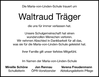 Traueranzeige von Waltraud Träger von Heidenheimer Zeitung