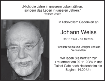 Traueranzeige von Johann Weiss von Heidenheimer Zeitung