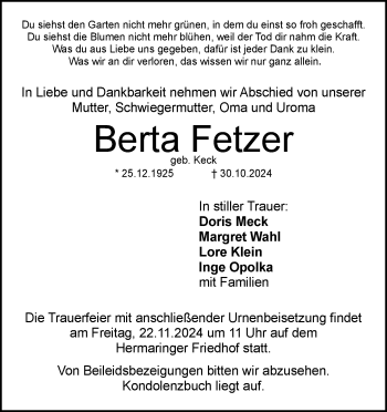 Traueranzeige von Berta Fetzer von Heidenheimer Zeitung