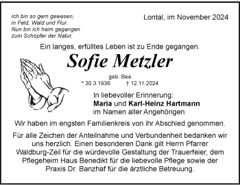 Traueranzeige von Sofie Metzler von Heidenheimer Zeitung