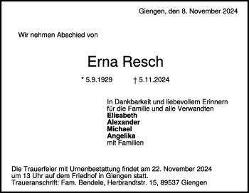 Traueranzeige von Erna Resch von Heidenheimer Zeitung