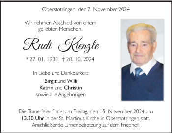 Traueranzeige von Rudi Kienzle von Heidenheimer Zeitung