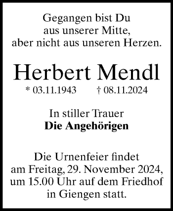 Traueranzeige von Herbert Mendl von Heidenheimer Zeitung