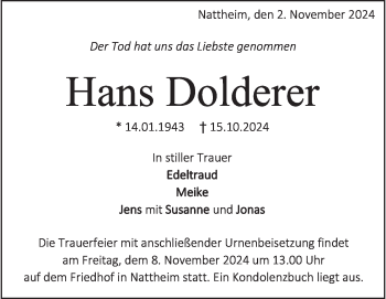 Traueranzeige von Hans Dolderer von Heidenheimer Zeitung