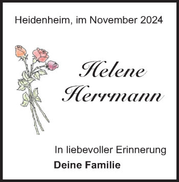 Traueranzeige von Helene Herrmann von Heidenheimer Zeitung