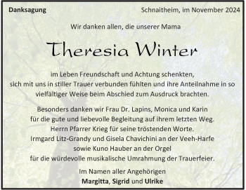Traueranzeige von Theresia Winter von Heidenheimer Zeitung