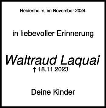 Traueranzeige von Waltraud Laquai von Heidenheimer Zeitung