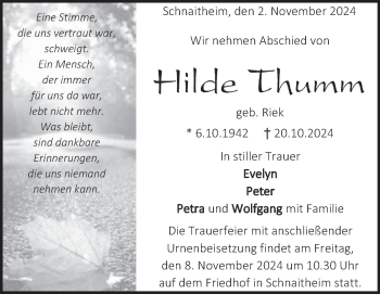 Traueranzeige von Hilde Thumm von Heidenheimer Zeitung