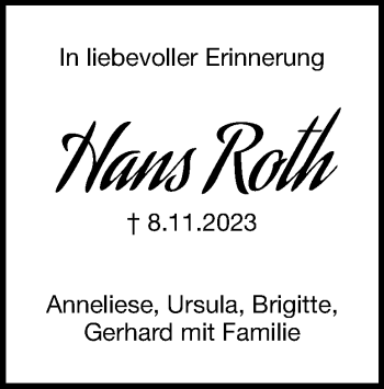 Traueranzeige von Hans Roth von Heidenheimer Zeitung