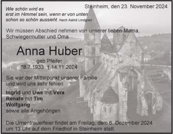 Traueranzeige von Anna Huber von Heidenheimer Zeitung