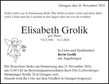 Traueranzeige von Elisabeth Grolik von Heidenheimer Zeitung