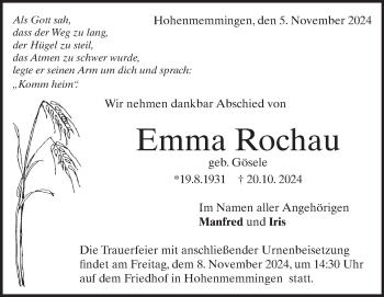 Traueranzeige von Emma Rochau von Heidenheimer Zeitung