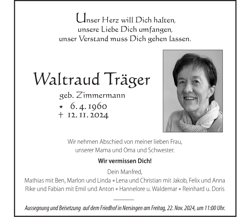  Traueranzeige für Waltraud Träger vom 16.11.2024 aus Heidenheimer Zeitung