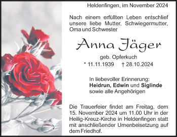 Traueranzeige von Anna Jäger von Heidenheimer Zeitung