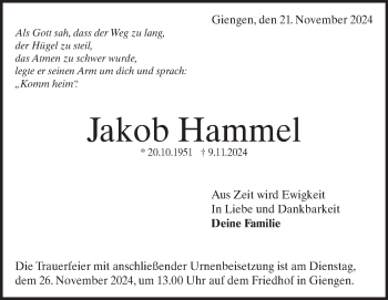 Traueranzeige von Jakob Hammel von Heidenheimer Zeitung