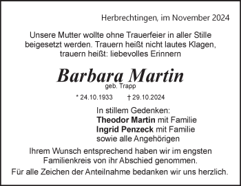 Traueranzeige von Barbara Martin von Heidenheimer Zeitung