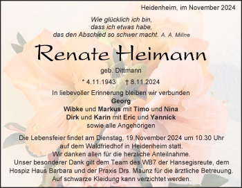 Traueranzeige von Renate Heimann von Heidenheimer Zeitung