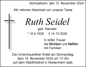 Traueranzeige von Ruth Seidel von Heidenheimer Zeitung