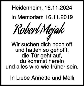 Traueranzeige von Robert Mejak von Heidenheimer Zeitung