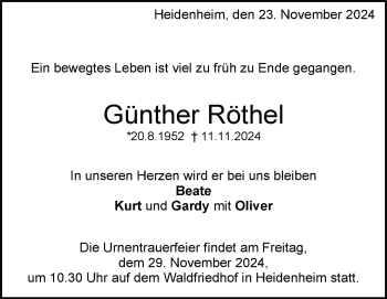 Traueranzeige von Günther Röthel von Heidenheimer Zeitung