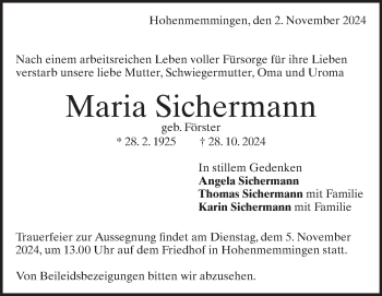 Traueranzeige von Maria Sichermann von Heidenheimer Zeitung