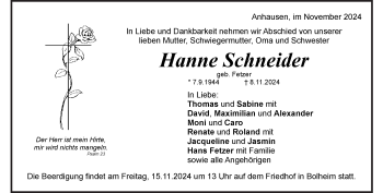 Traueranzeige von Hanne Schneider von Heidenheimer Zeitung