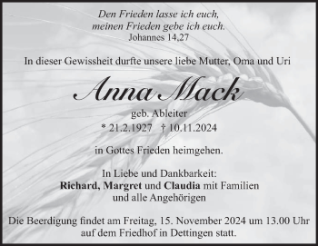 Traueranzeige von Anna Mack von Heidenheimer Zeitung