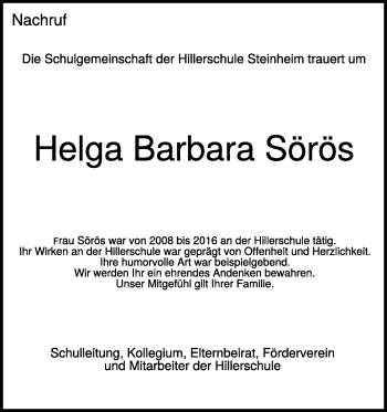 Traueranzeige von Helga Barbara Sörös von Heidenheimer Zeitung