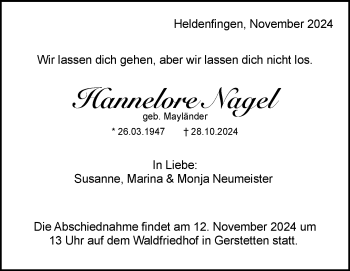 Traueranzeige von Hannelore Nagel von Heidenheimer Zeitung