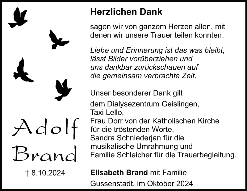  Traueranzeige für Adolf Brand vom 02.11.2024 aus Heidenheimer Zeitung