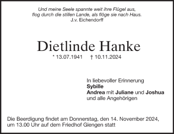 Traueranzeige von Dietlinde Hanke von Heidenheimer Zeitung