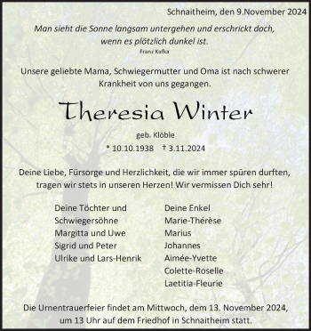 Traueranzeige von Theresia Winter von Heidenheimer Zeitung