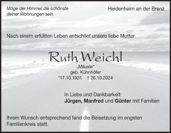 Traueranzeige von Ruth Weichl von Heidenheimer Zeitung