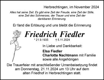 Traueranzeige von Friedrich Fiedler von Heidenheimer Zeitung